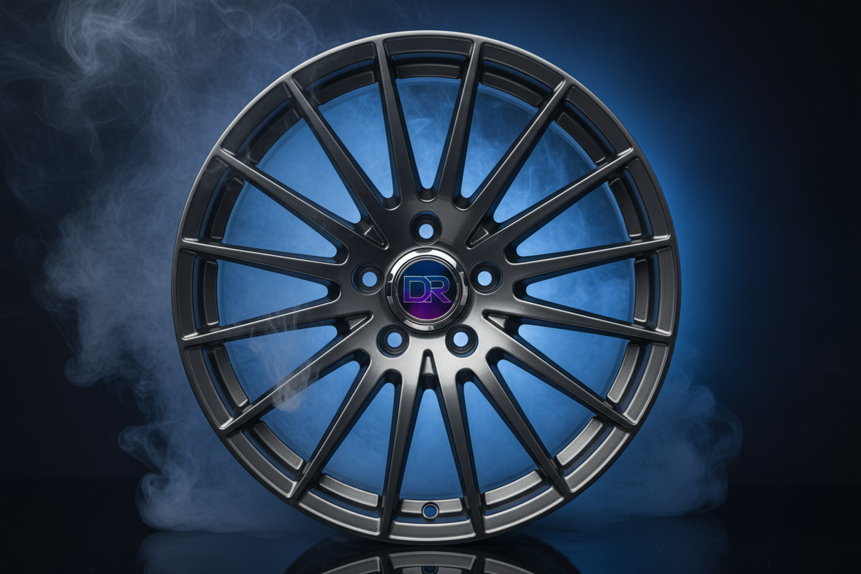 high end alloy wheel in a dark grey with a royal blue gradient to purple lettering of DR on the centre cap with a light smoke in front of the wheel with a blue led backglow 